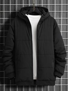 1pc Loose Fit Men's Hooded Padded Coat With Zip Pocket, Plain Going Out Basic Warm Jacket